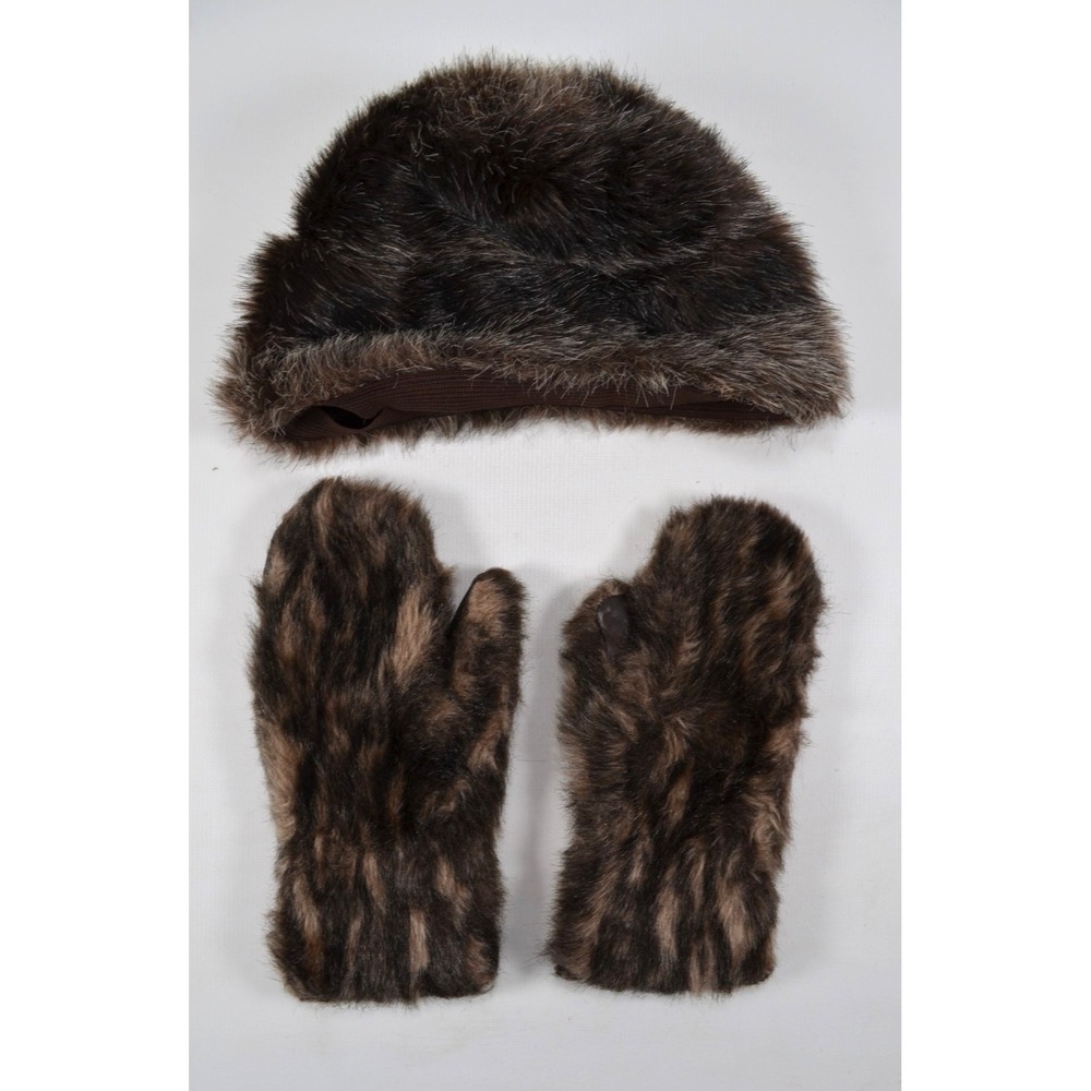 Vintage Faux Fur Hat & Sherpa Lined‎ Gloves Brown Variegated